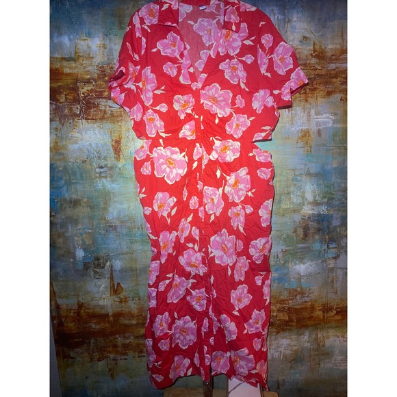 Old Navy Dresses & Skirts - Old Navy Womens XXL Red Pink Floral Cotton Cut-Out Button Front Midi Dress